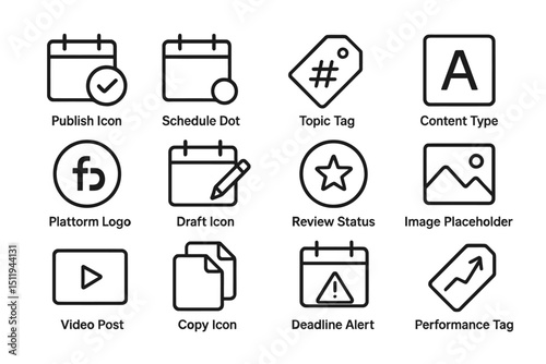 Icons for content management: publish, schedule, topic, content, platform, draft, review, image