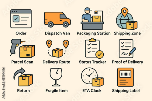 Logistics and shipping icons: order, dispatch, packaging, and delivery essentials