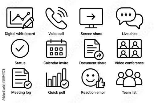 Modern communication tools icons: whiteboard, voice call, screen share, chat, video conference