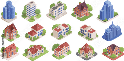 Isometric buildings collection with modern skyscrapers, residential houses, apartments, and commercial architecture for urban city planning and real estate design flat vector illustration
