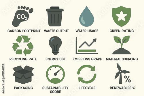Environmental impact icons: carbon footprint, waste, water, green rating, recycling metrics
