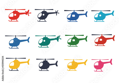 Collection of Twelve Colorful Helicopter Icons with Transparent Background