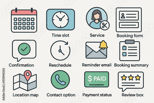 Online booking and scheduling icons: calendar, clock, email, payment, review