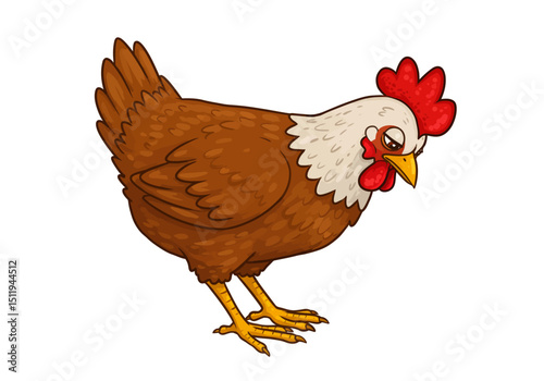 Cartoon Brown Chicken with Red Comb and Wattle Looking Down