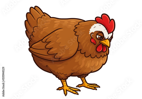Cartoon Brown Chicken with Red Comb and Wattle