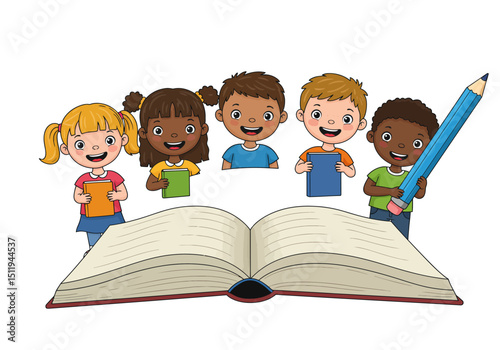 Cartoon Children with Books and a Large Pencil Behind an Open Book
