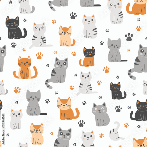Whimsical Cat Pattern with Colorful Designs and Expressions
