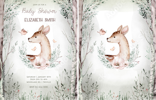 Woodland cartoon Animals watercolor illustration template. Pre made frame for baby shower, birthday invitation kids baby deer, fox in the forest. Cute bear, rabbit and birds