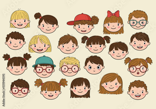 Cartoon Faces of Diverse Children with Various Hairstyles and Accessories
