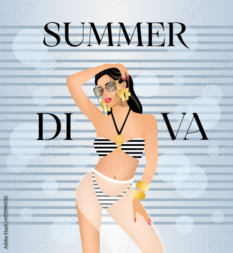 Illustration of fashionable girl in swimsuit on light blue background.