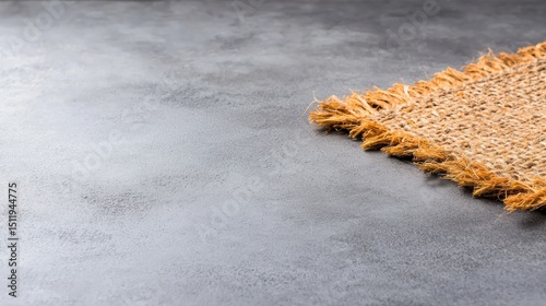 A piece of burlap with frayed edges rests on a gray surface.