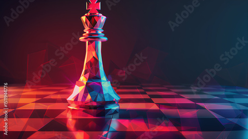 Chess king on the chess board. Polygon king chess strategy. Glass chess king on the table. Chess on the chessboard. Chess master slay queen. Chess pawn with shadow a king winning strategy 