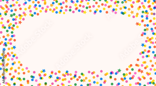 Abstract frame featuring cheerful multicolored dots and stars confetti. Frame of playful confetti elements with textured and overlay effect.