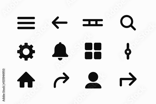 Set of 16 common user interface icons in black on white background