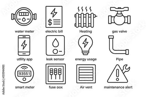 Utility management icons: meter, electric bill, heating, gas valve, leak sensor