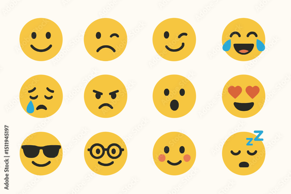 Fototapeta premium Variety of yellow emoji faces expressing different emotions