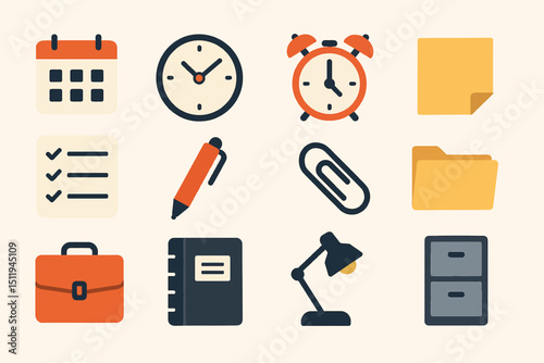 Office essentials: calendar, clock, stationery, and organization icons