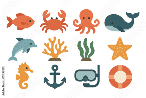 Colorful marine life icons: fish, whale, dolphin, coral, seaweed, and diving gear
