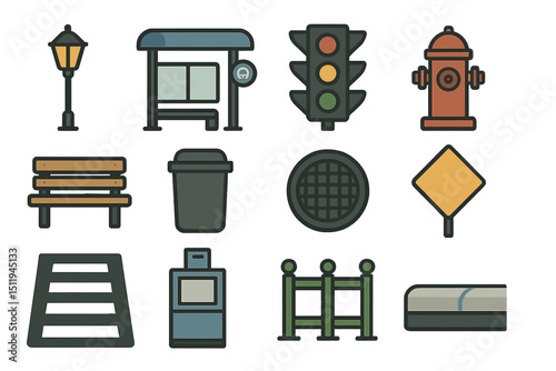 Urban icons: traffic light, fire hydrant, bus stop, and street elements
