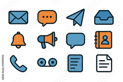 Colorful communication icons set including email speech bubble and phone