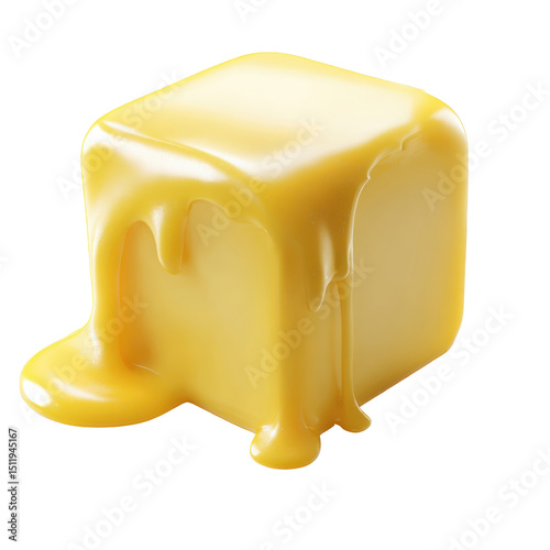 A melting cube of butter with a shiny, yellow surface, showcasing its smooth texture and rich appearance. transparent background