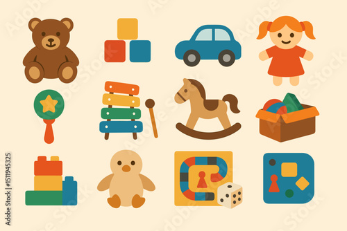 Colorful assortment of children's toys including blocks and stuffed animals