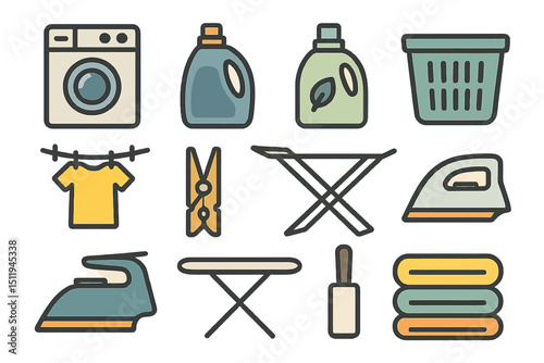Colorful laundry and cleaning icons featuring household items for washing and ironing