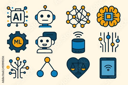 Ai and machine learning icons: neural networks, robotics, and digital technology elements