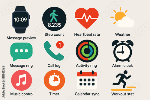 Smartwatch interface icons displaying fitness and utility features