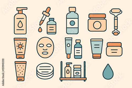 Skincare product icons: bottles, tubes, jars, roller, mask