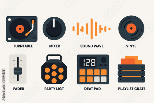 Colorful dj equipment icons set: turntable, mixer, sound wave, vinyl, fader, light, beat pad, crate