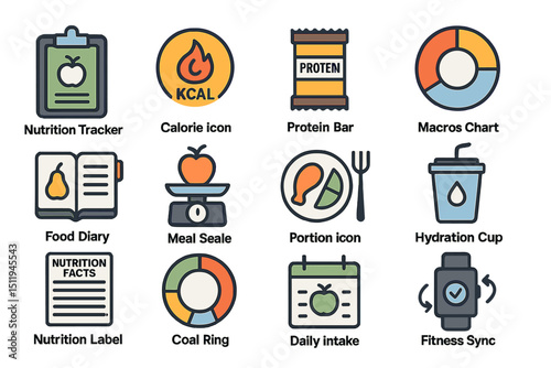 Nutrition and fitness icons set: tracker, calorie, protein, hydration, meal planning