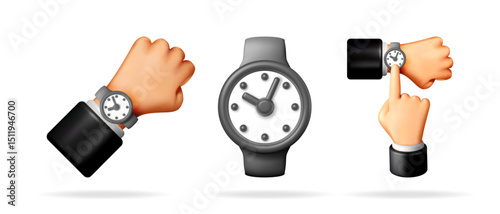 Business man hand with wrist watch and a close up of a watch, 3d vector collection. Time management, deadline concept.