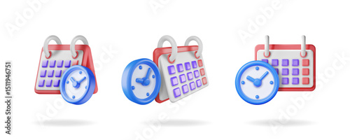 A set of 3d vector illustrations featuring a calendar and a clock, symbolizing time management and deadline planning.