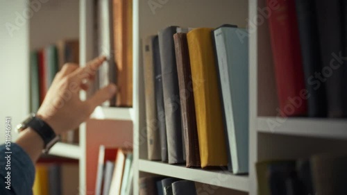 A hand reaches out to touch the spine of a book on a shelf in a warm and inviting library. The surroundings are filled with various colored book spines, creating a peaceful atmosphere for reading