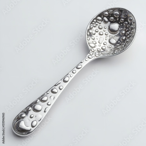 Close up of silver spoon with water droplets for kitchenware and dining flatware photography design