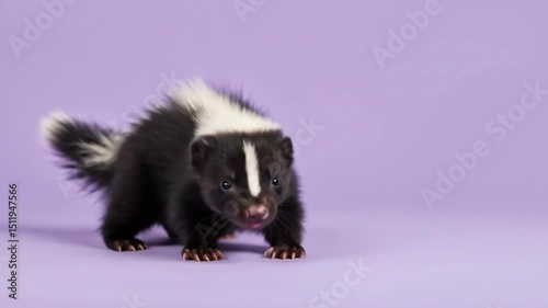 Cute baby skunk looking around on a purple studio background with copy space.