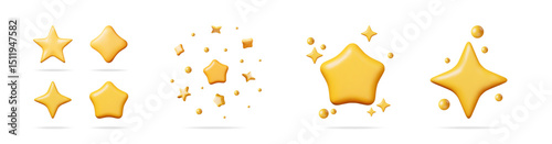 Set of 3d gold render shiny rating star icons. Abstract different star shapes and bubbles with shimmer effect. Isolated element for quality mark.