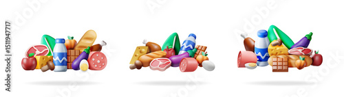 Three instances of a 3d grocery set with various food items. Collection of supermarket products for food delivery concept, shopping, and market illustration.