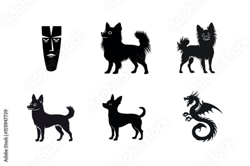 Chihuahua dog silhouettes with tribal mask and dragon