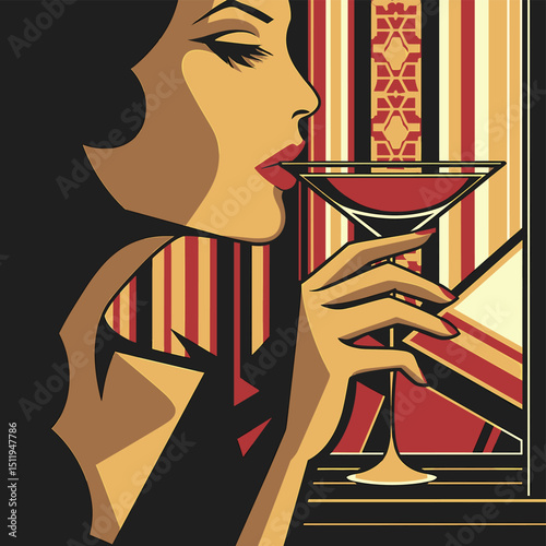 Elegant Woman Sipping Cocktail in Art Deco Style