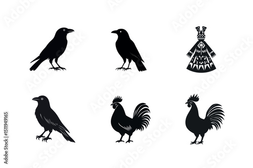 Silhouette set of crows roosters and traditional dress