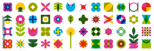 Set of graphic geometric assets with grid, pattern and elements. Vector modern shapes with retro risograph overlay effect. Isolated illustration for stickers, poster, collage, design template