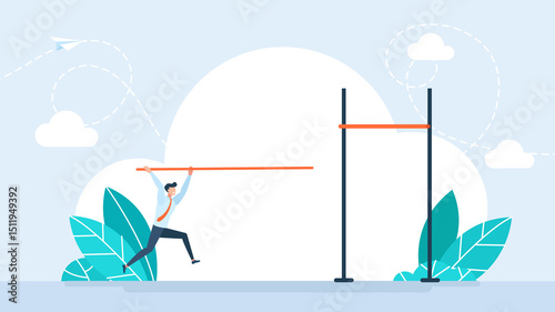 A man runs and accelerates with a pole vault and tries to gain height. Business goal achievement, success solving business problem or succeed survive on financial crisis concept. Flat illustration