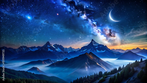 Milky way galaxy over majestic mountain range at night photo