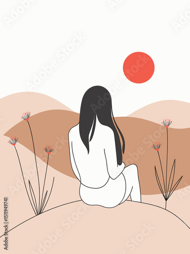 Serene Woman Gazing at Sunset Over Rolling Hills