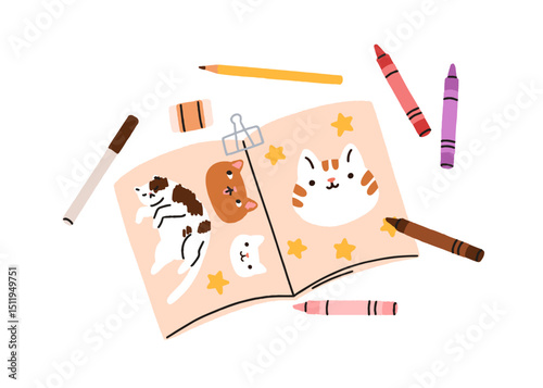 Sketchbook drawings. Crayon pencils, stationery tools for craft. Paper notebook, cute doodle cats on pages of kids journal, creative notepad. Flat vector illustration isolated on white background.