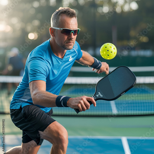  pickleball player captured mid-action, lunging forward with a black carbon fiber paddle in hand