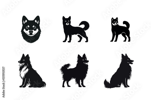Six black dog silhouettes different poses