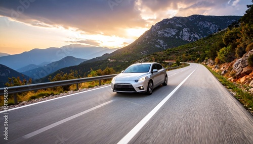 Panning photography of a fast-moving car on a mountain road, sharp vehicle in focus, background of misty mountains and dramatic sky